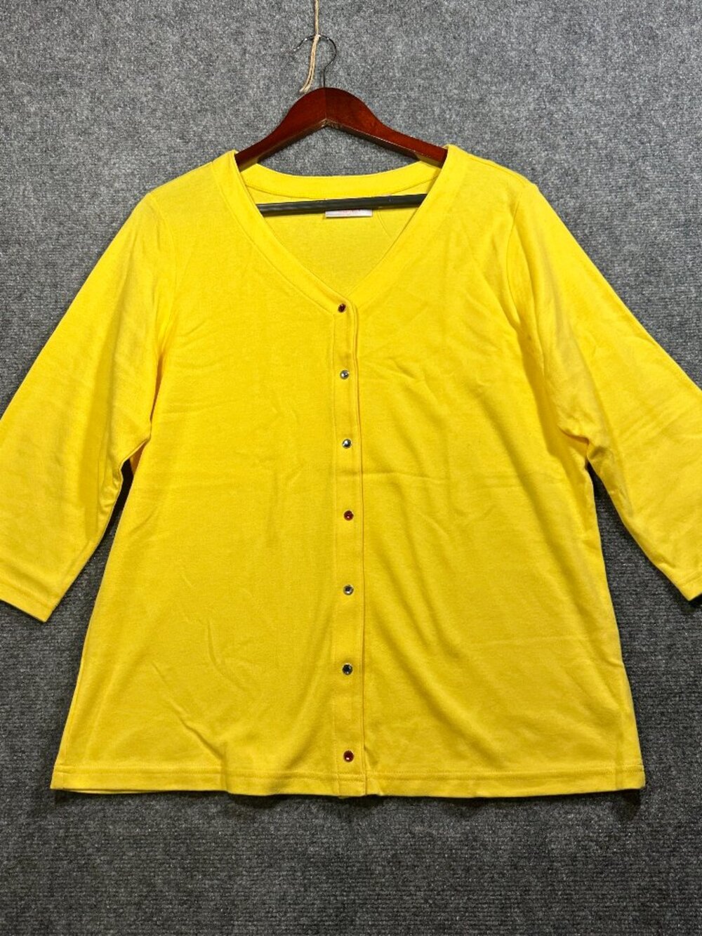 NEW Quacker Factory Cardigan Womens Large Yellow Stretch Knit 3/4 Sleeve
